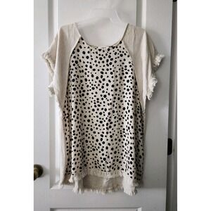 UMGEE Womens Frayed Hem linen Leopard Printed High‎ Low Tunic top Short Sleeve L